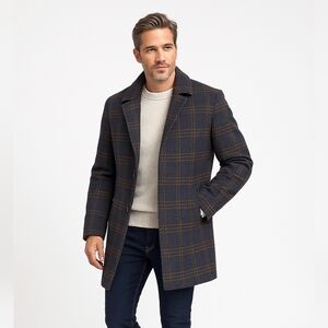 Enzo Tovare Wool Car Coat Men's 54 L Blue Orange Plaid Lined Insulated Jacket